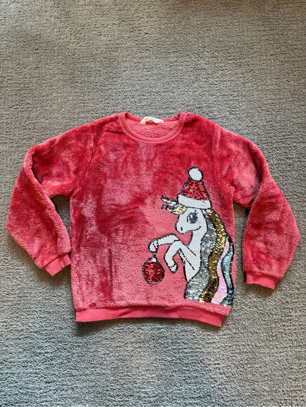 H&M Coral Pink Plush Unicorn Sequin Holiday Sweatshirt
